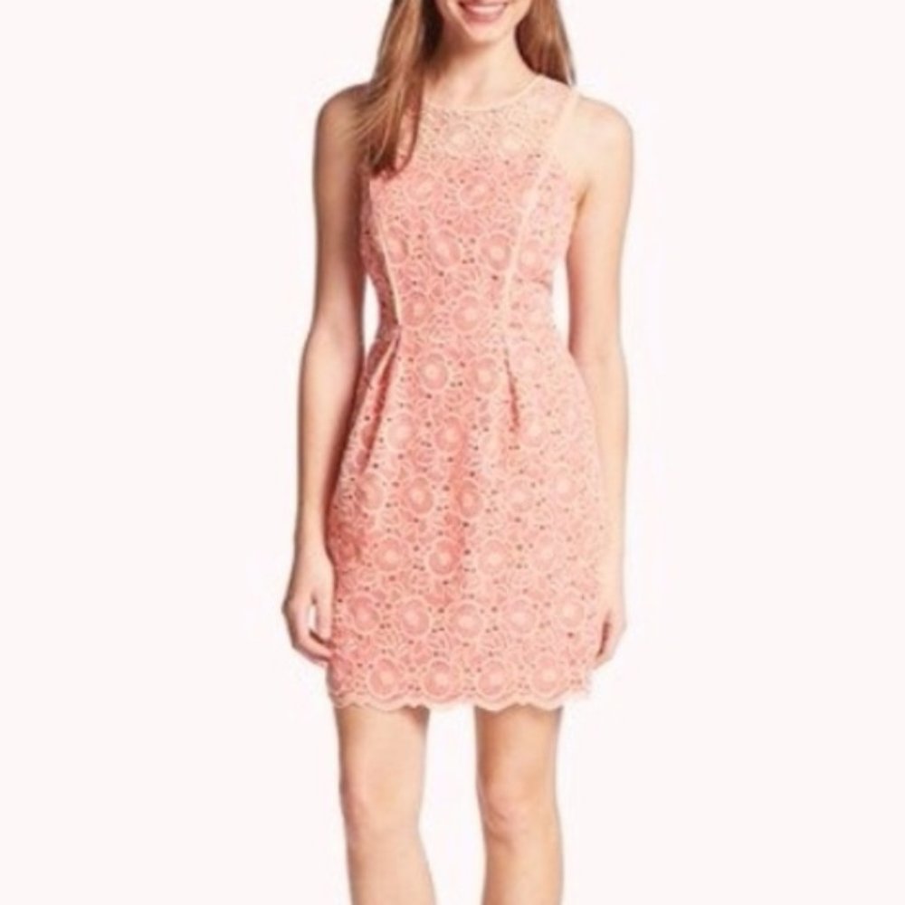 Jessica Simpson Coral Pink Flower Lace Eyelet Overlay Sheath 10 Sleeveless Dress
